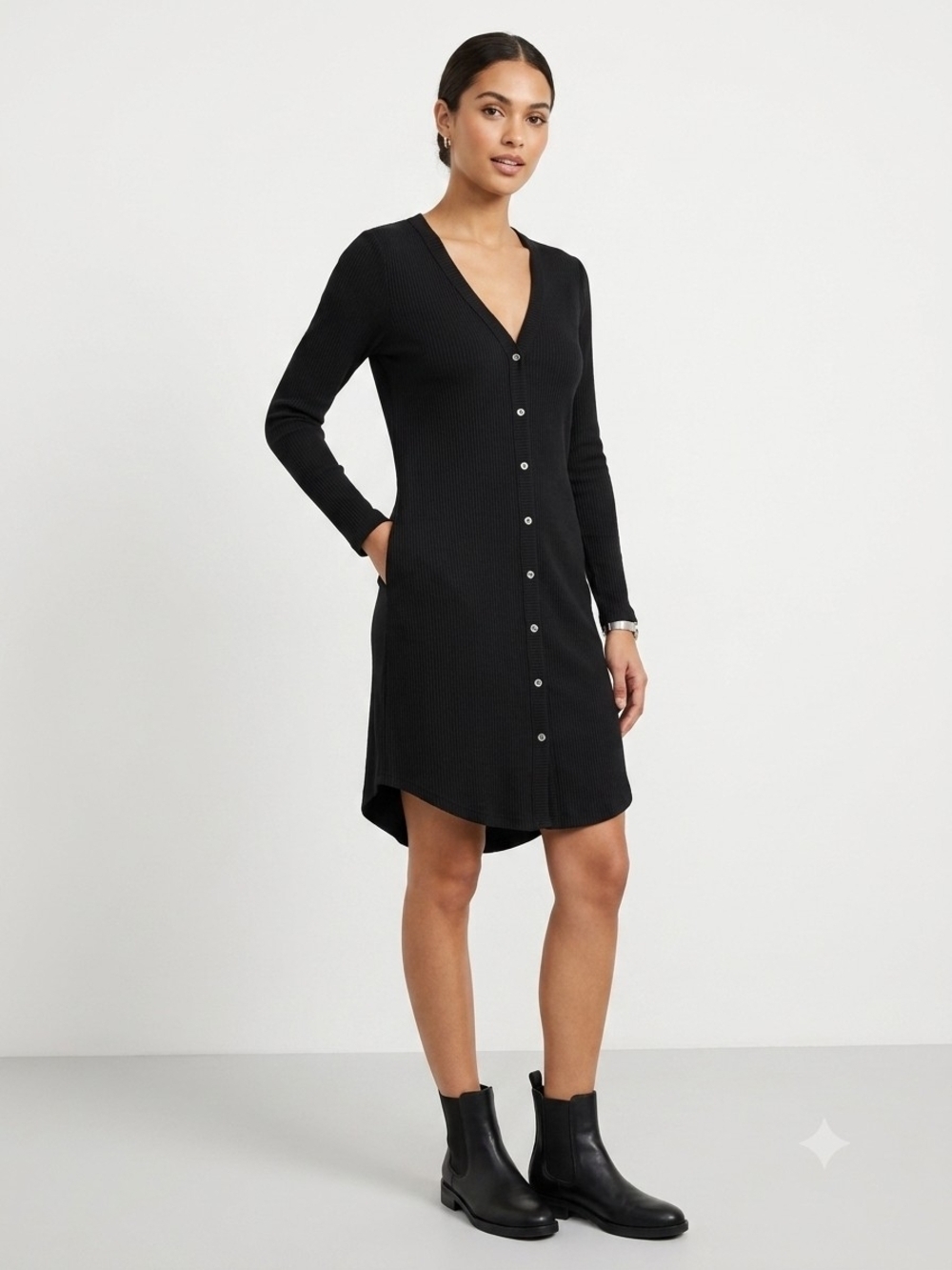 Black Ribbed Button-Front V-Neck Long-Sleeve Dress